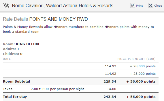 Hilton Waldorf Astoria Rome Cavalieri King Deluxe points and money rate details