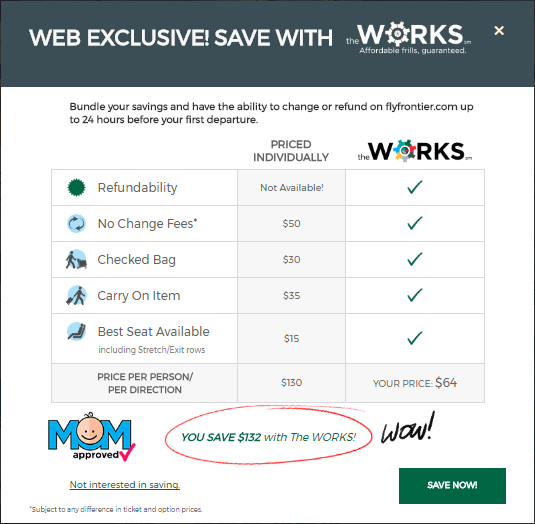 Frontier Airlines the WORKS package price