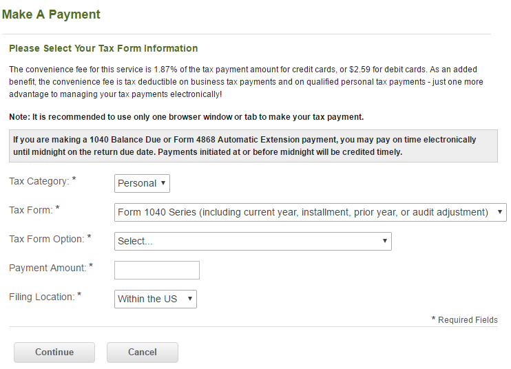 Pay1040.com form 1040 payment pay taxes with credit card