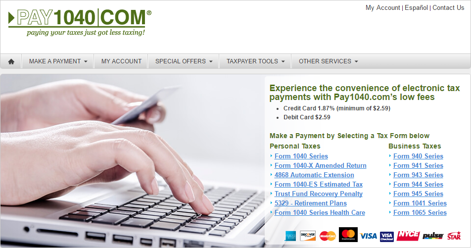 Pay1040.com home page pay taxes with credit card