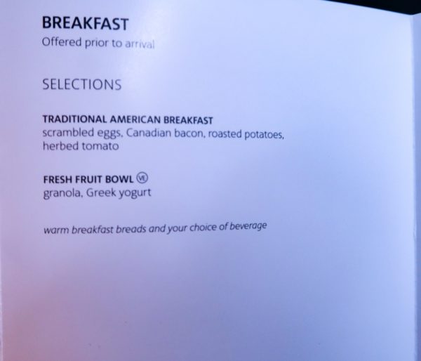 American Airlines Business 777-200 Breakfast Menu