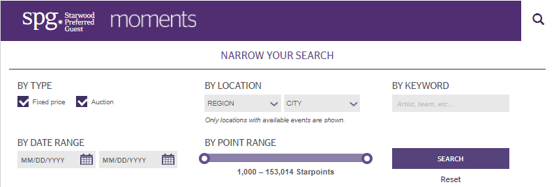 SPG Moments search for experiences