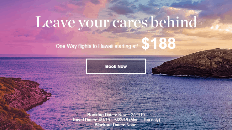 Hawaiian Airlines airfare sale February 2019 188 each way