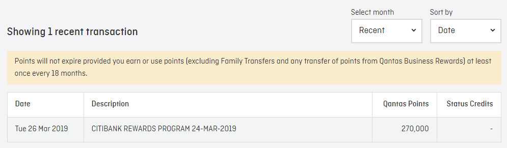 Citi ThankYou points transfer to Qantas completed