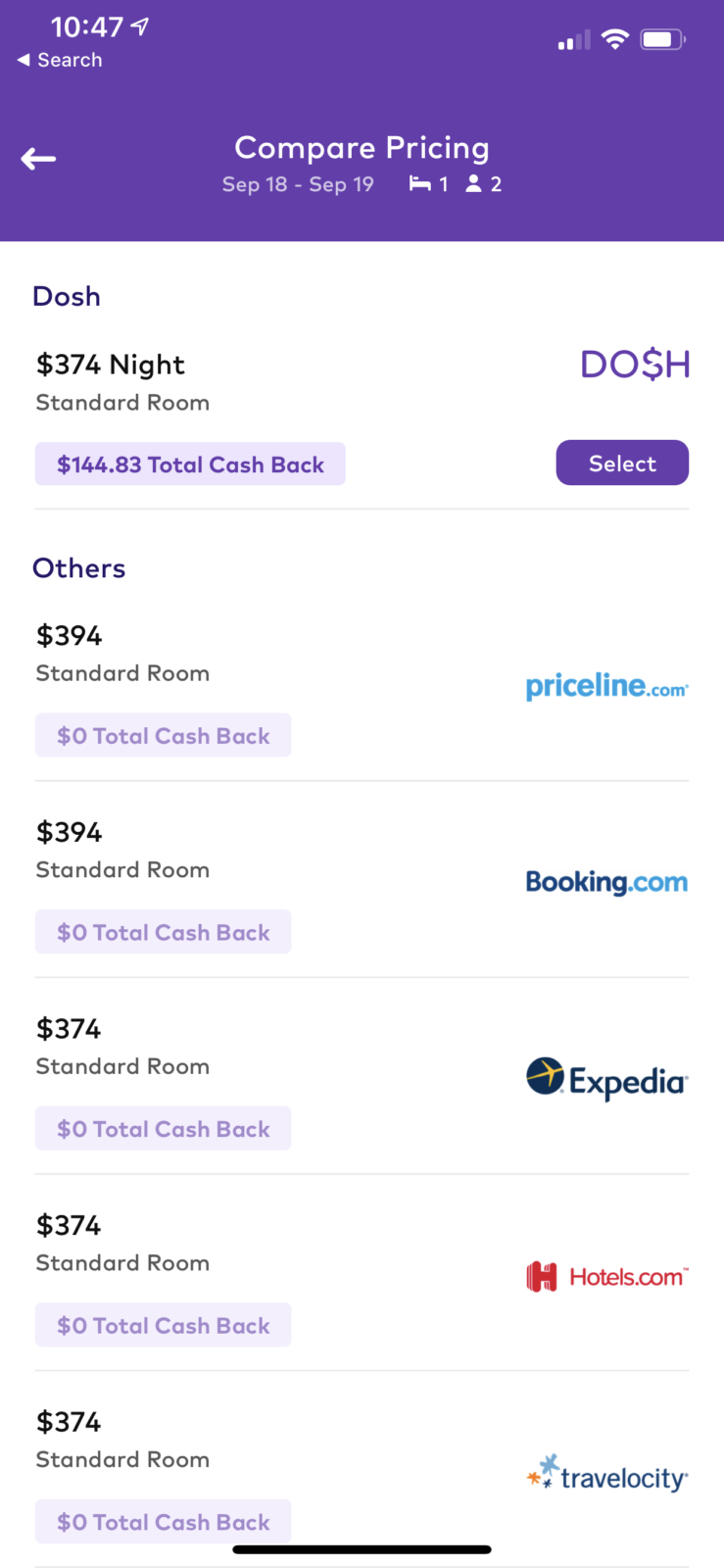 Dosh cash back hotel rooms compare vs OTAs