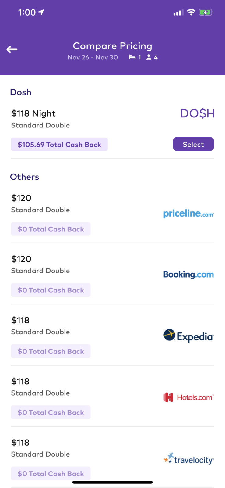 Dosh Cash Back App Hotels compare prices to OTAs