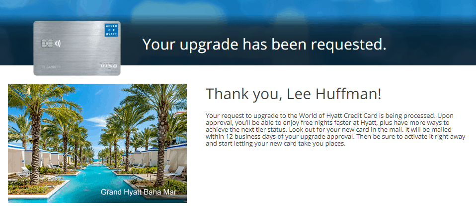 Chase World of Hyatt credit card upgrade offer 2019 requested