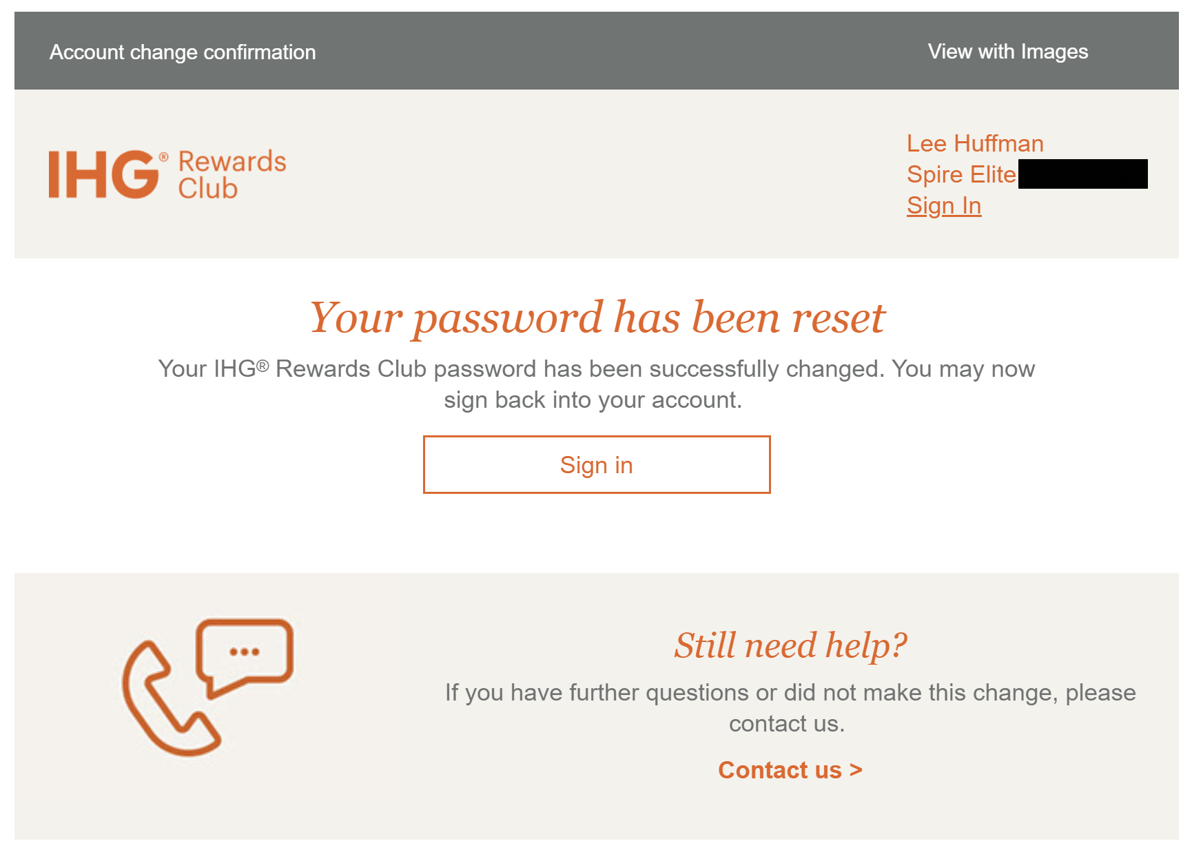 IHG password update email confirmation