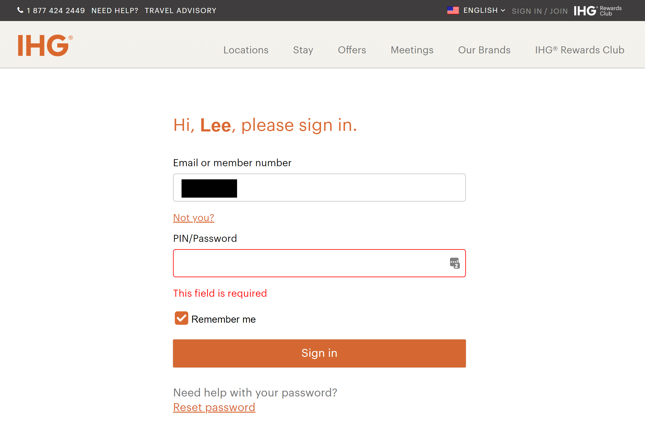 IHG password update log back in