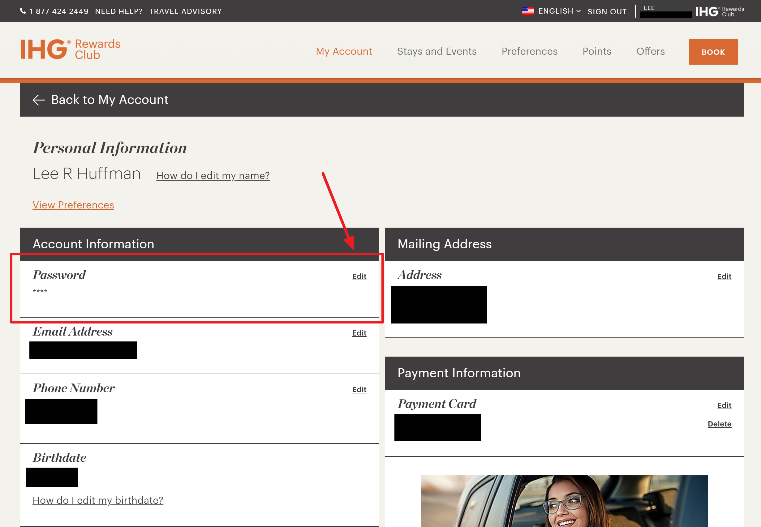 IHG password update personal information