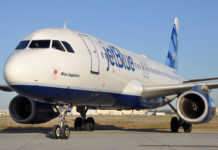 JetBlue Airbus A320 on ground blue-sapphire
