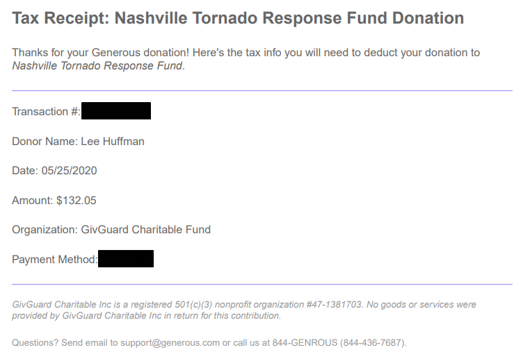 Nashville Tornado Response Fund donation May 2020