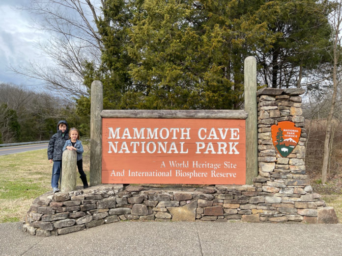 Mammoth Cave National Park - entrance sign Timothy and Scarlett