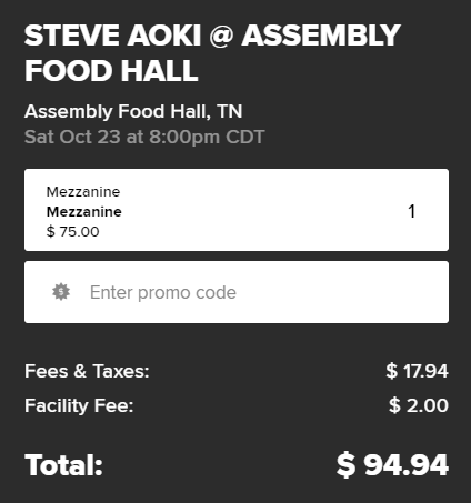 Steve Aoki at Assembly Food Hall October 23 2021 mezzanine ticket price