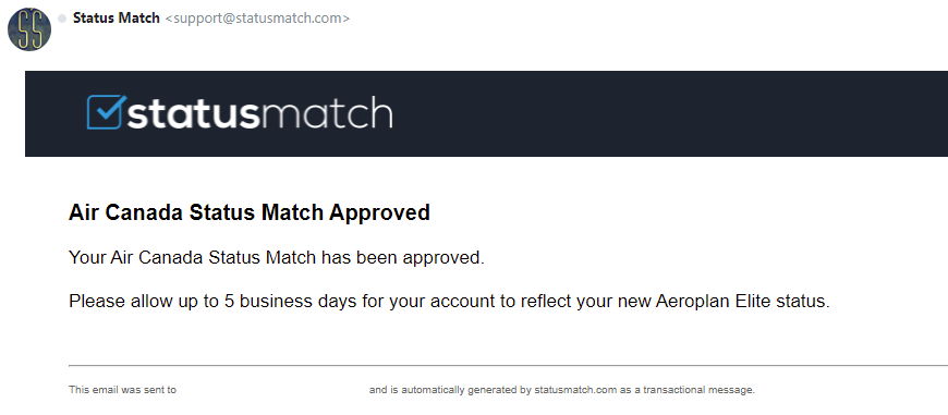Aeroplan status match approval email