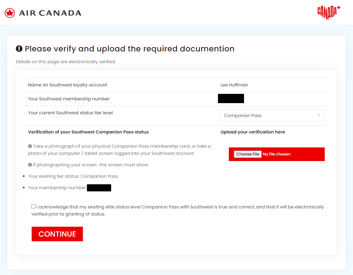 Air Canada status match to Southwest Companion Pass verify information