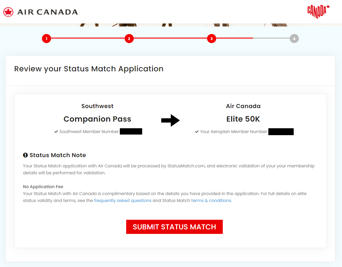 Aeroplan status match to Southwest Companion Pass