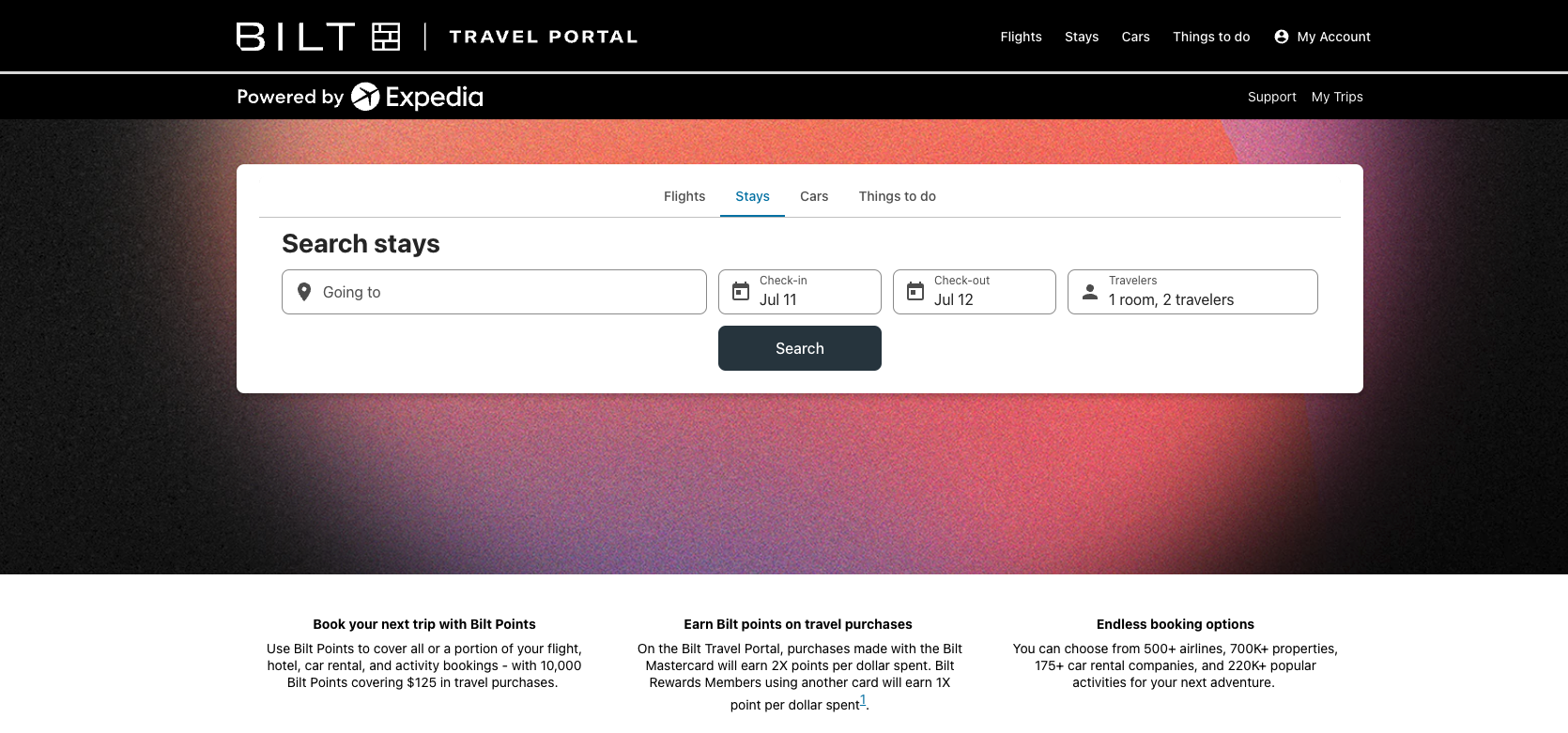 Bilt Rewards Travel Portal desktop view