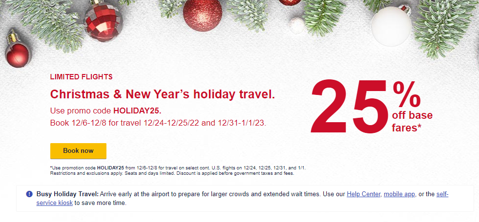 Southwest flights on Christmas and New Years promotion 2022