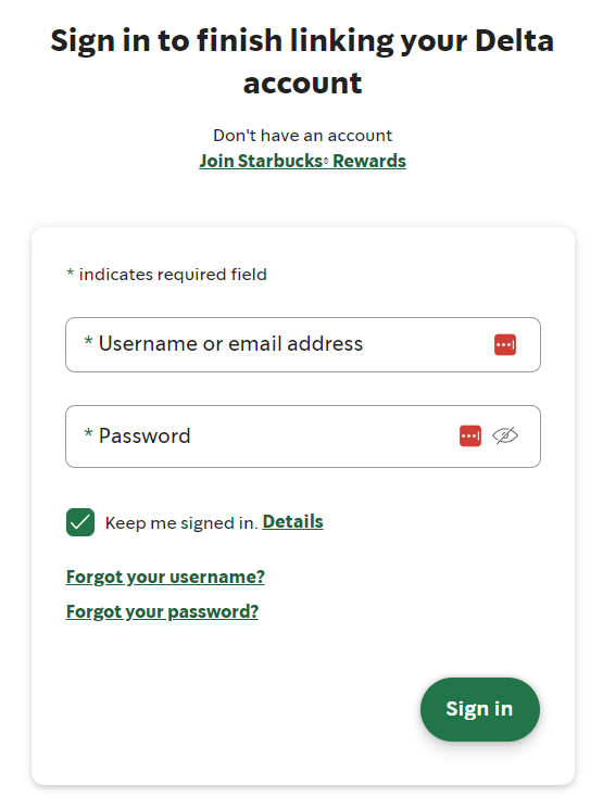 Delta Air Lines Starbucks sign into Starbucks account
