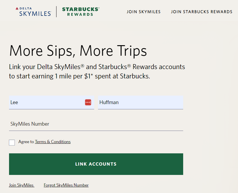 Delta Air Lines Starbucks welcome page