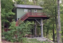 Treehouse Adventures at Horse Cave KOA a house on a tree with Mercer House in the background