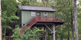 Treehouse Adventures at Horse Cave KOA a house on a tree with Mercer House in the background