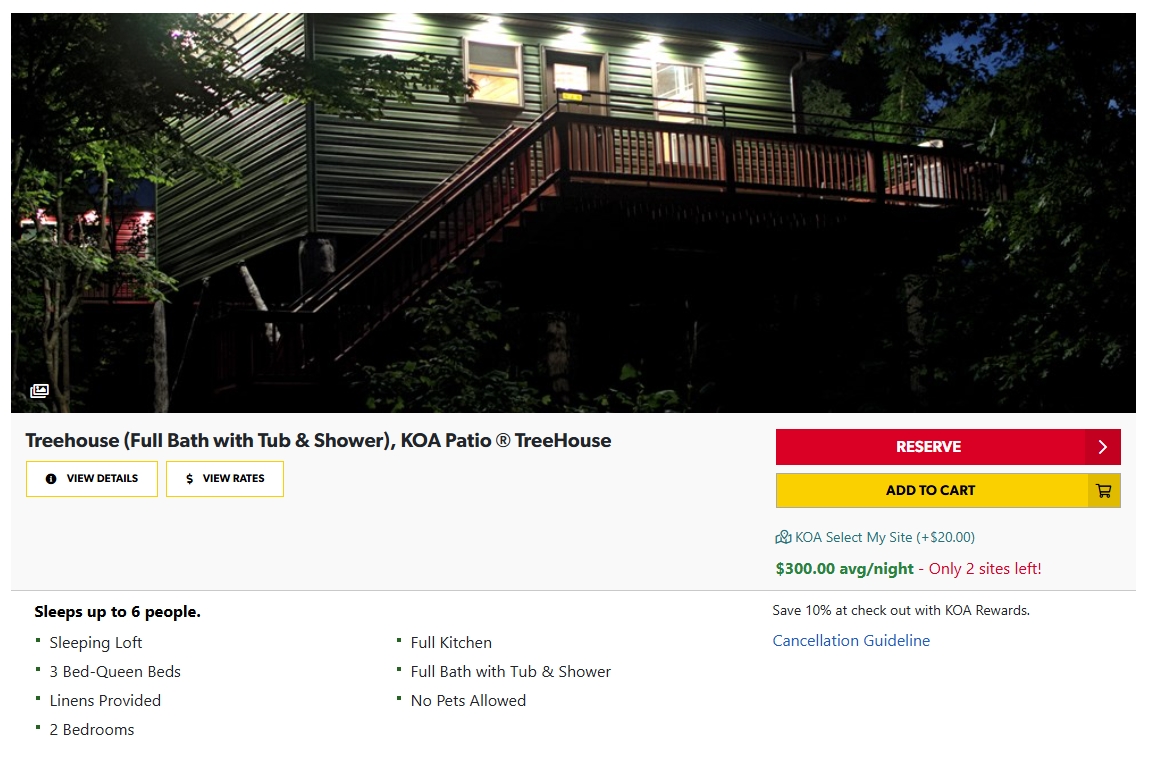 Horse Cave KOA treehouse cash rate - June 2025