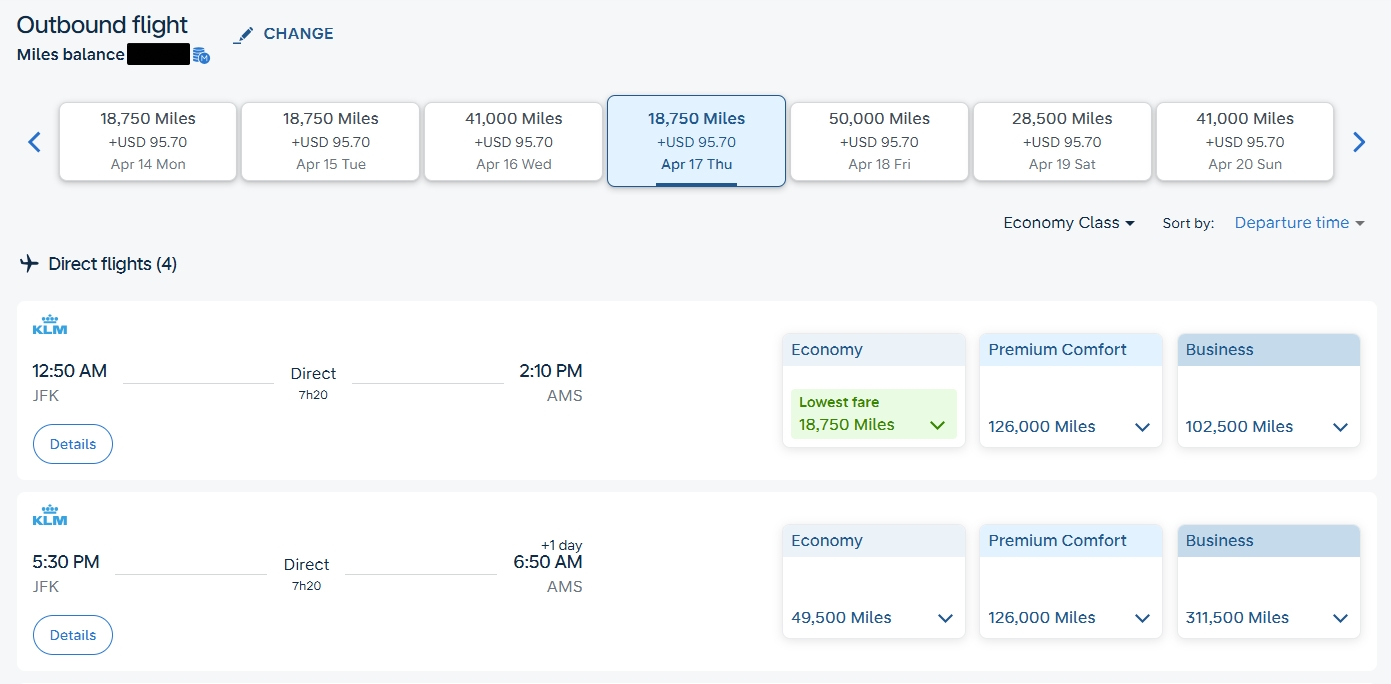 Flying Blue promo rewards - JFK to AMS April 2025 18750 miles