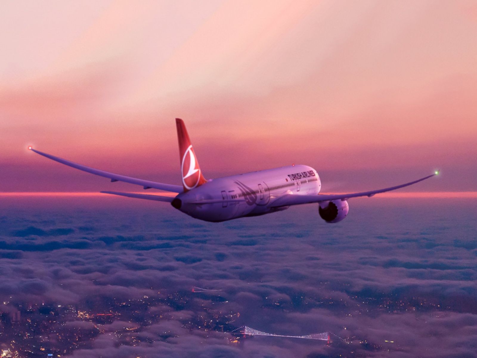 Turkish Airlines plane at sunset