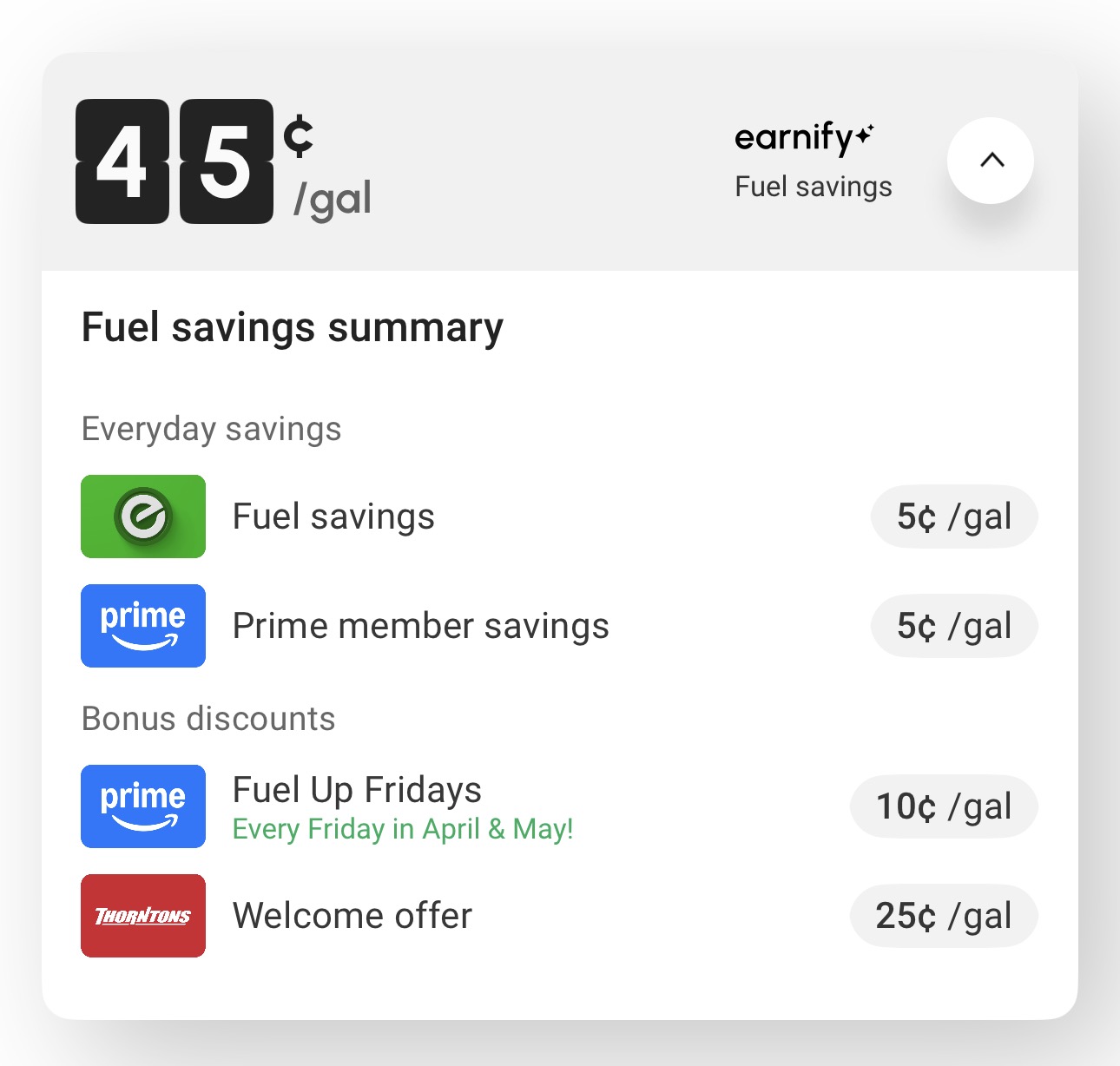 Fuel discounts from the Earnify mobile app.