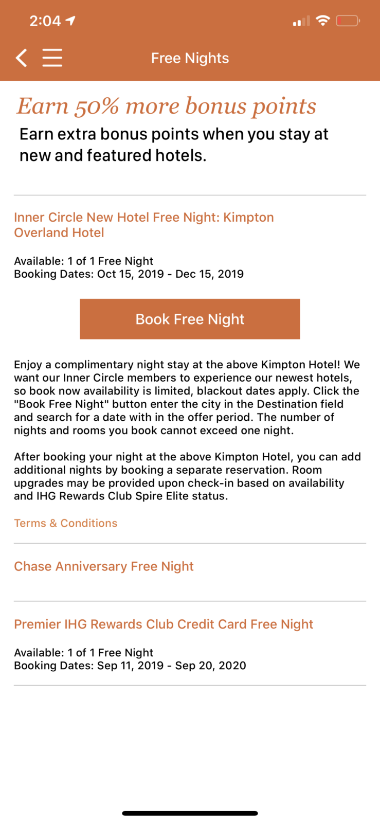 Kimpton Overland Hotel free night offer - IHG app free night details