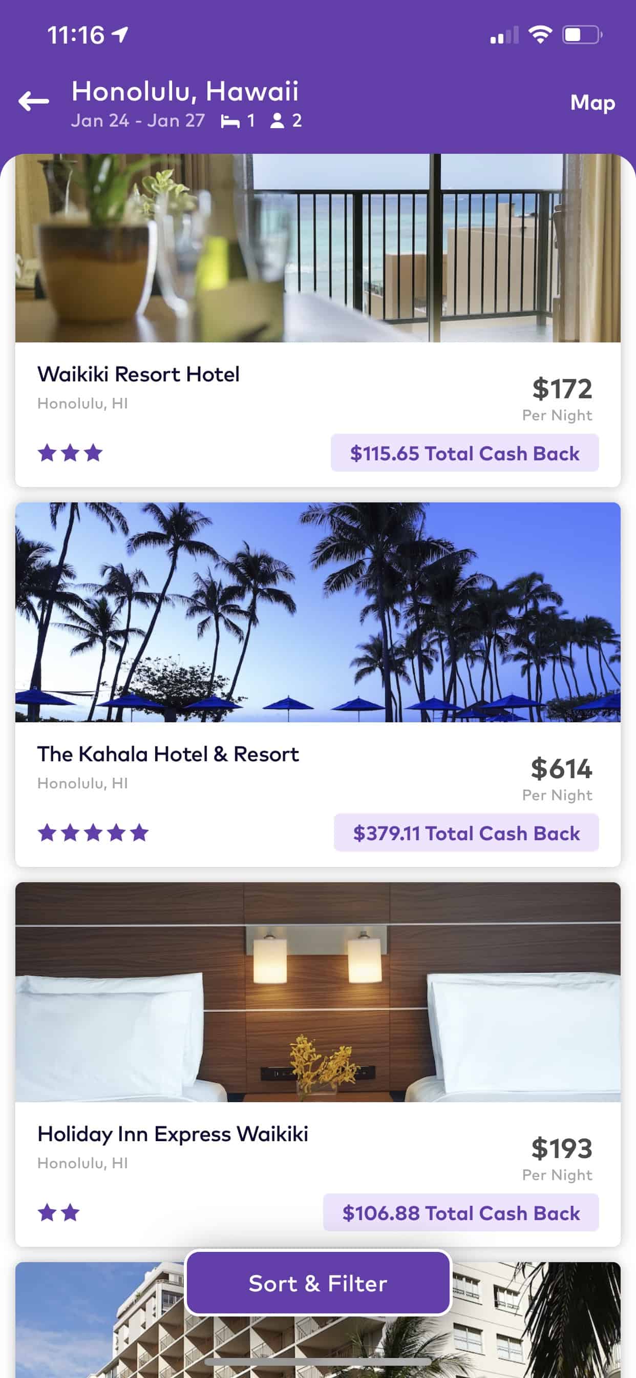 Dosh cash back hotel Honolulu Hawaii January 2020
