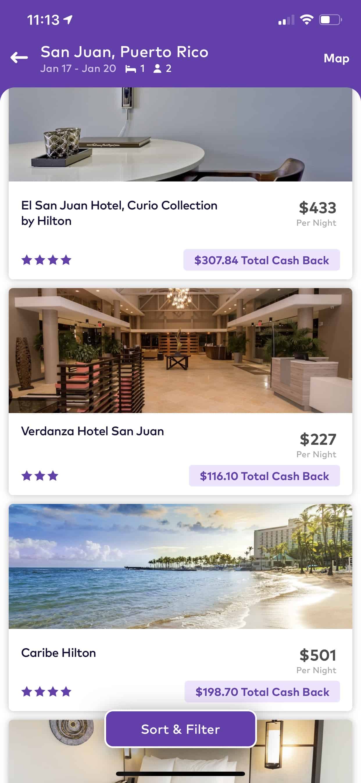 Dosh cash back hotel San Juan Puerto Rico January 2020