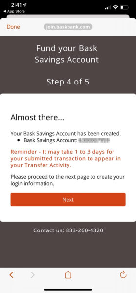 Bask Savings Account create account in app step 10