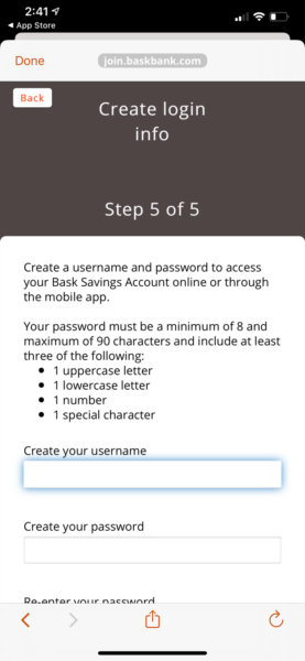 Bask Savings Account create account in app step 11