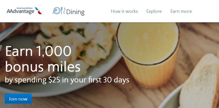 American Airlines AAdvantage Dining 1000 miles signup bonus March 2020